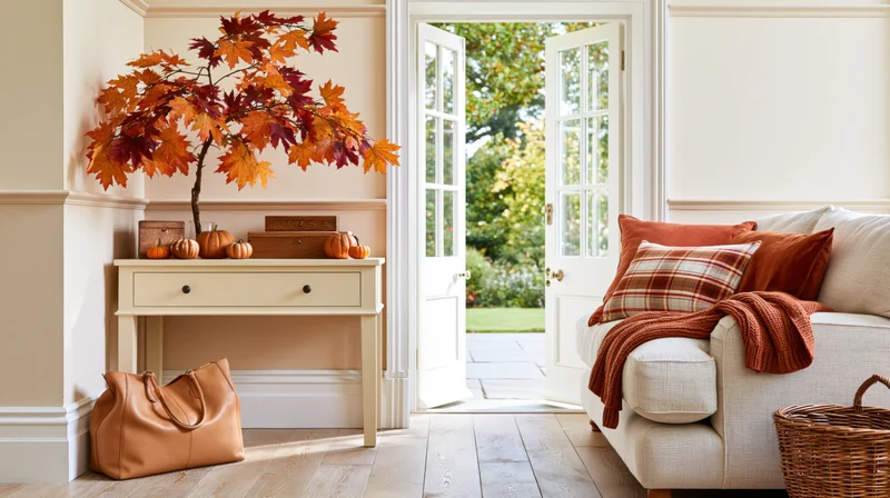 Autumn-decorated home entryway with console table, pumpkins, and open door to garden