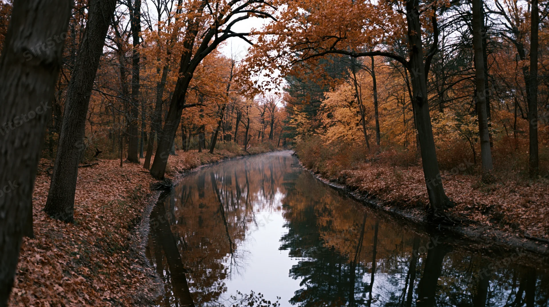 Narrow river winding through dense autumn forest with trees reflected in calm water