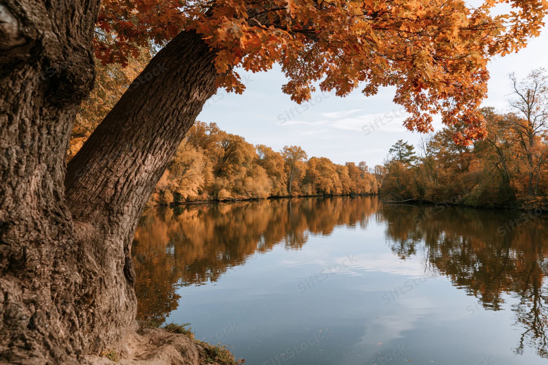 Calm river reflecting autumn trees along forested banks