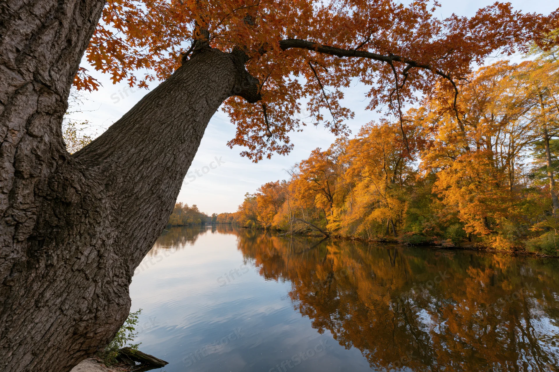 Calm river reflecting autumn trees along forested banks