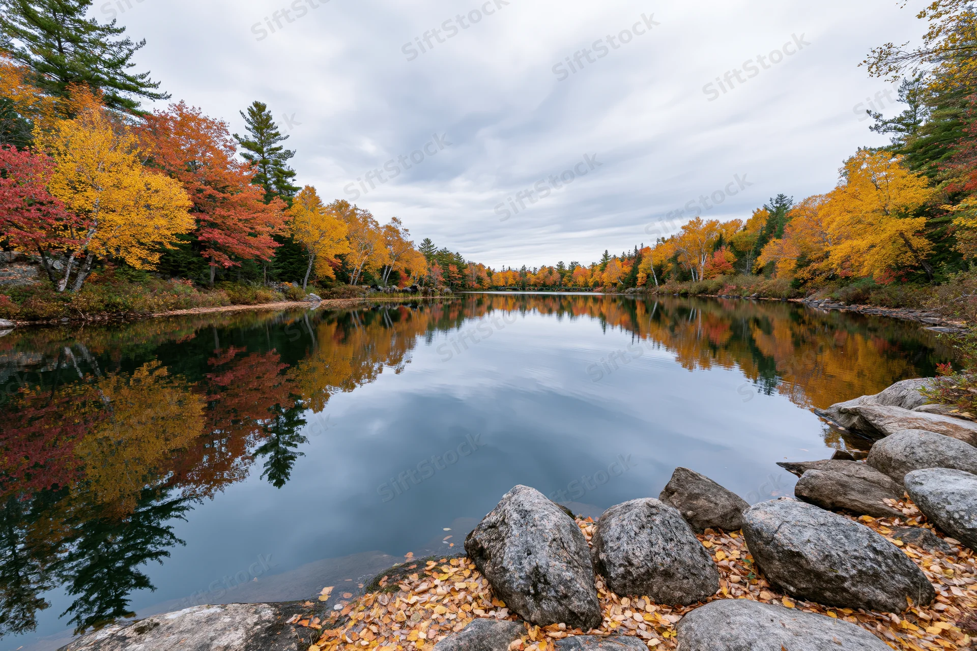 Calm lake reflecting autumn trees along rocky shore under cloudy sky
