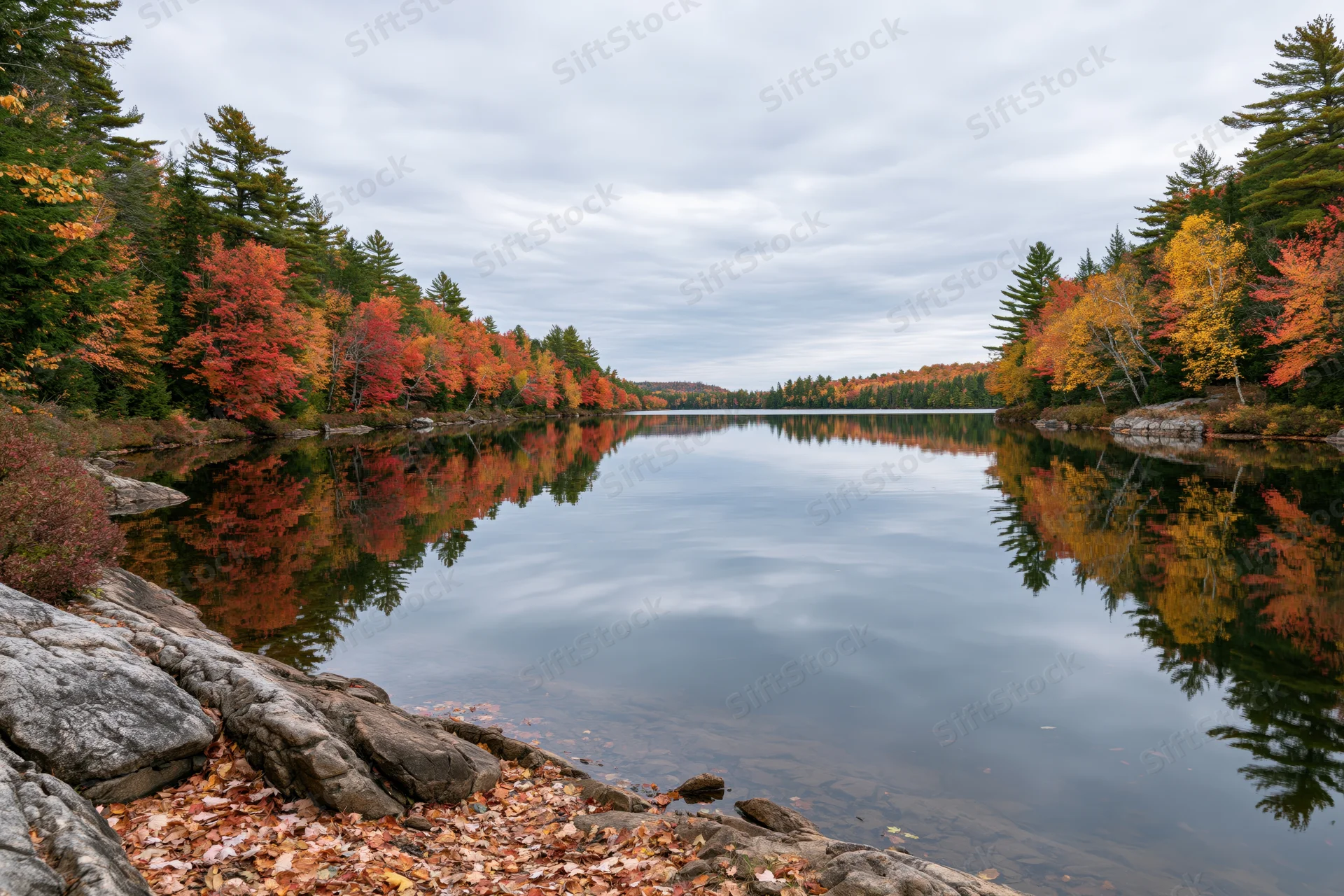 Calm lake reflecting autumn trees along rocky shore
