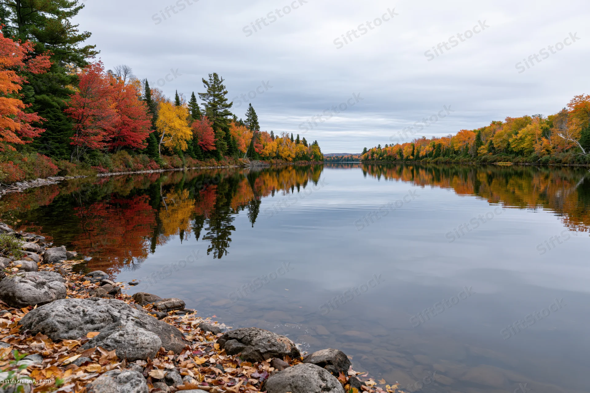 Calm lake reflecting autumn trees along rocky shoreline under overcast sky