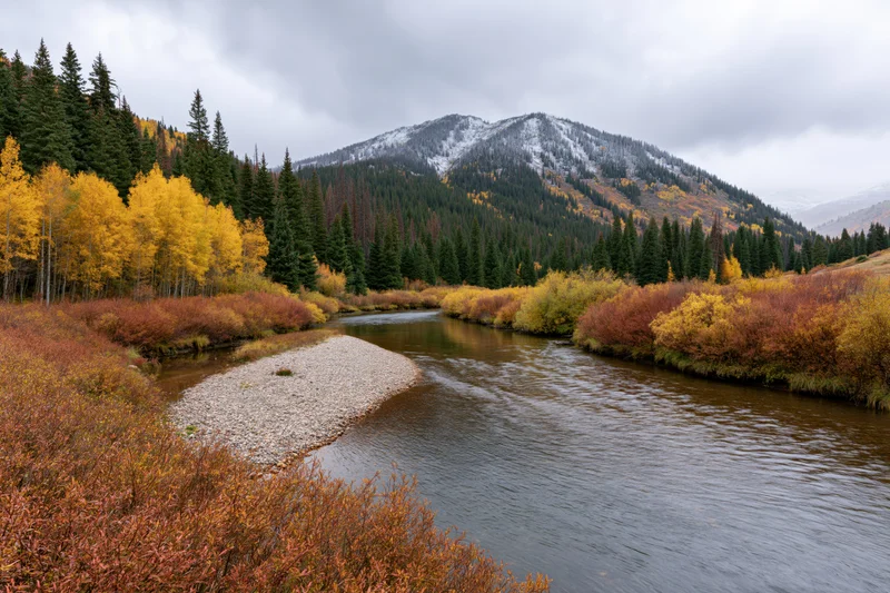 Calm river winding through a mountain valley with autumn foliage and snow-capped peaks