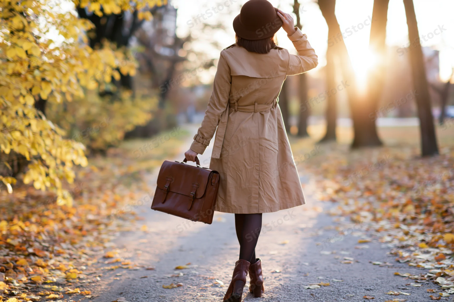 Woman in trenchcoat and hat walking away on leafy path in autumn park