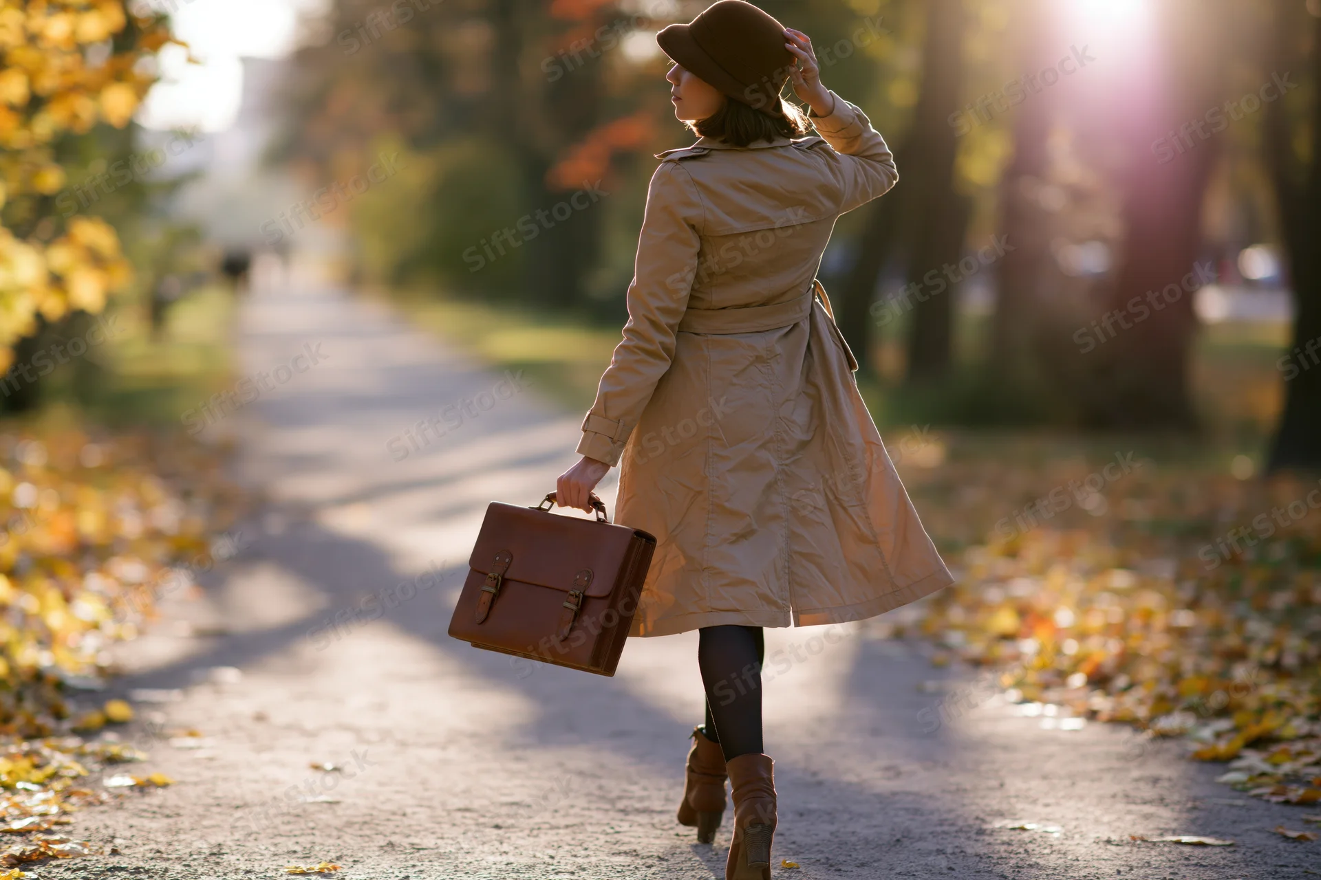 Woman in trenchcoat walking away on autumn path holding briefcase