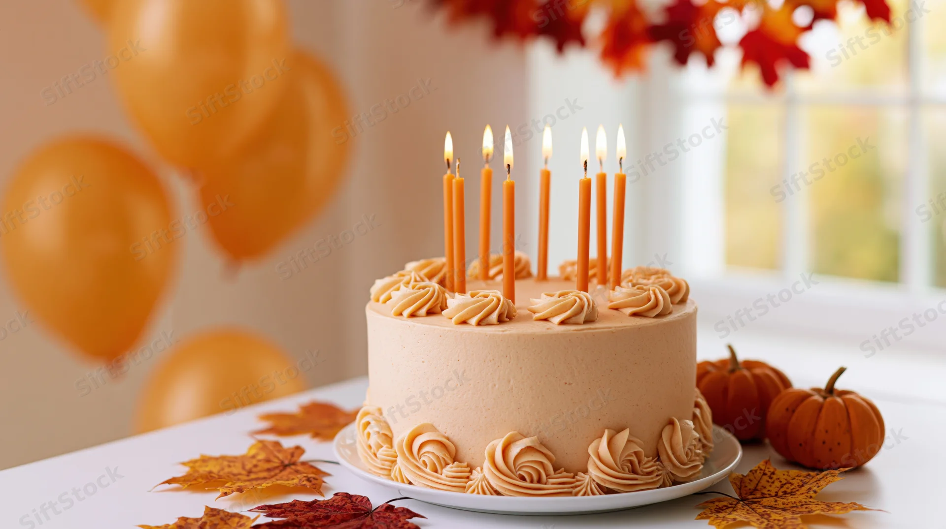 Caramel-frosted birthday cake with eight lit orange candles on a table surrounded by autumn leaves and pumpkins