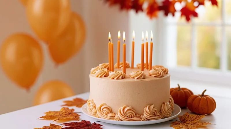 Caramel-frosted birthday cake with eight lit orange candles on a table surrounded by autumn leaves and pumpkins