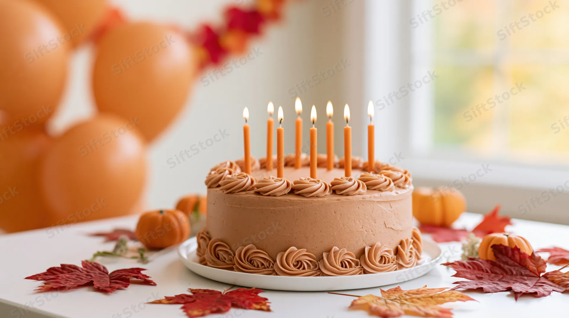 Caramel-frosted birthday cake with eight lit orange candles on a table decorated with autumn leaves and pumpkins near a window