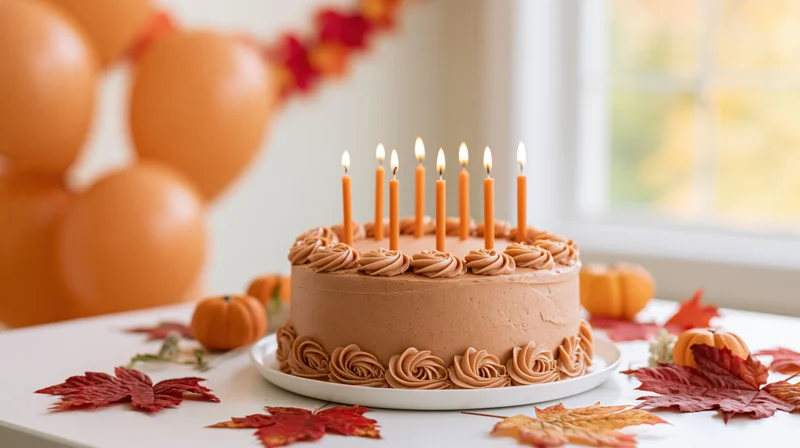 Caramel-frosted birthday cake with eight lit orange candles on a table decorated with autumn leaves and pumpkins near a window