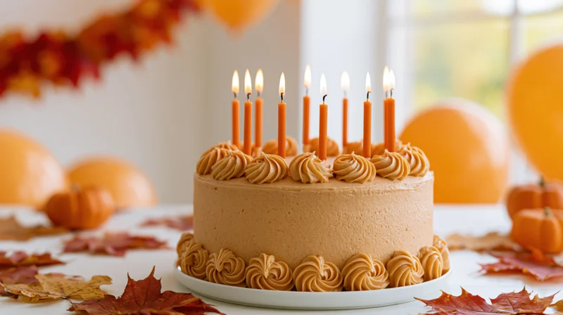 Caramel-frosted birthday cake with lit orange candles on a table surrounded by autumn leaves and pumpkins