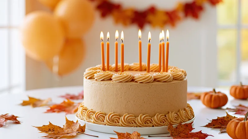 Caramel-frosted birthday cake with lit orange candles on a table surrounded by autumn leaves and pumpkins
