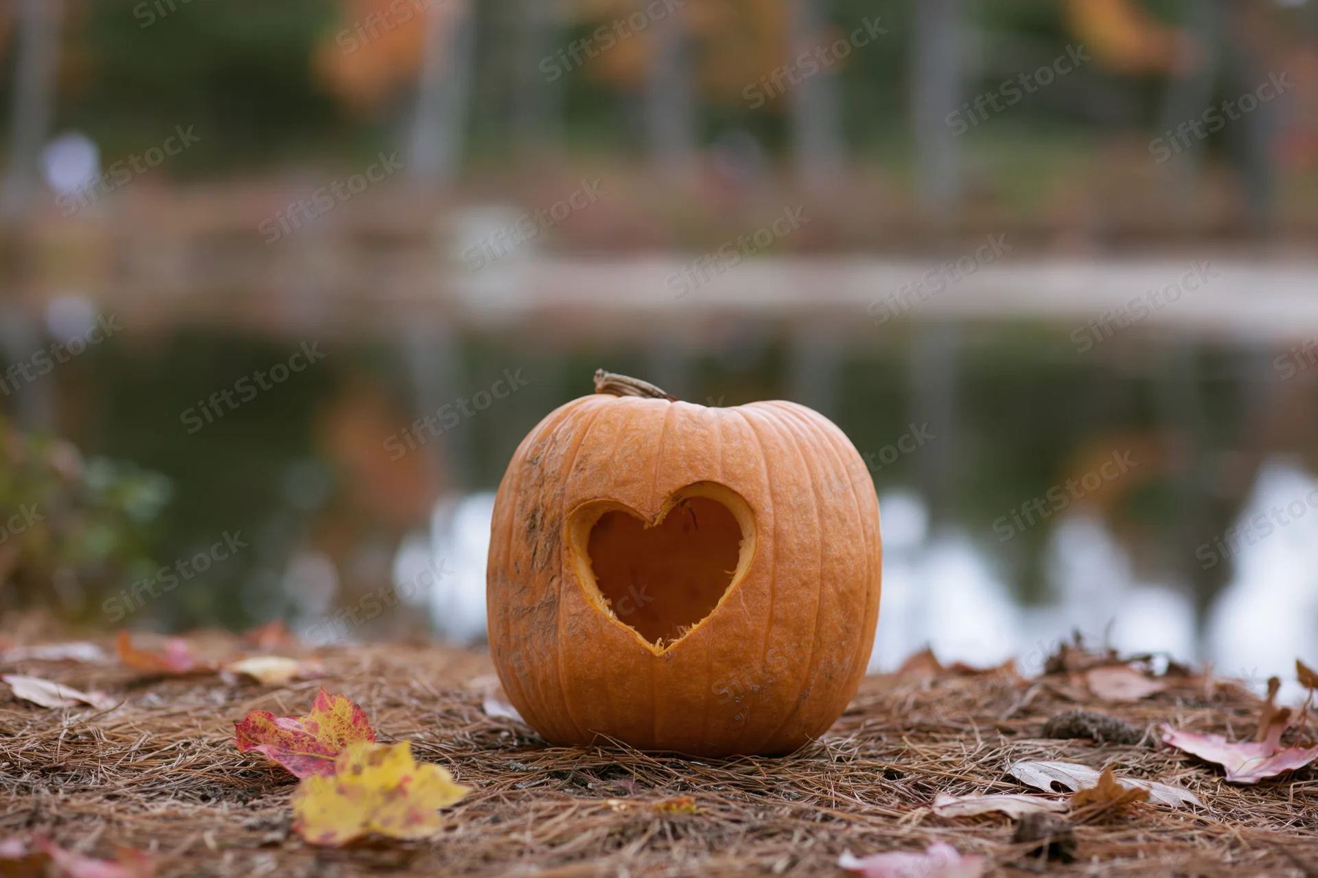 Carved pumpkin with heart-shaped cutout on straw-covered ground near a pond in autumn forest