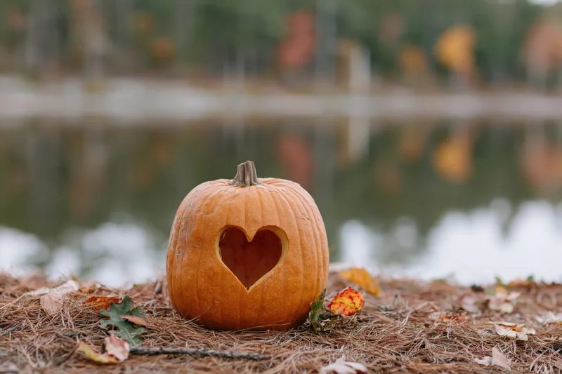 Carved pumpkin with heart-shaped cutout resting on hay near a pond