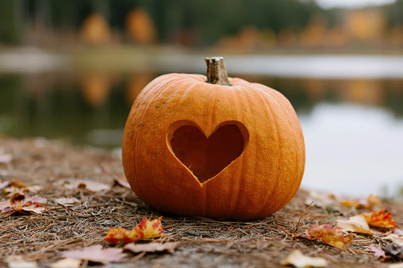 Carved pumpkin with heart-shaped cutout resting on ground near lake surrounded by fallen leaves