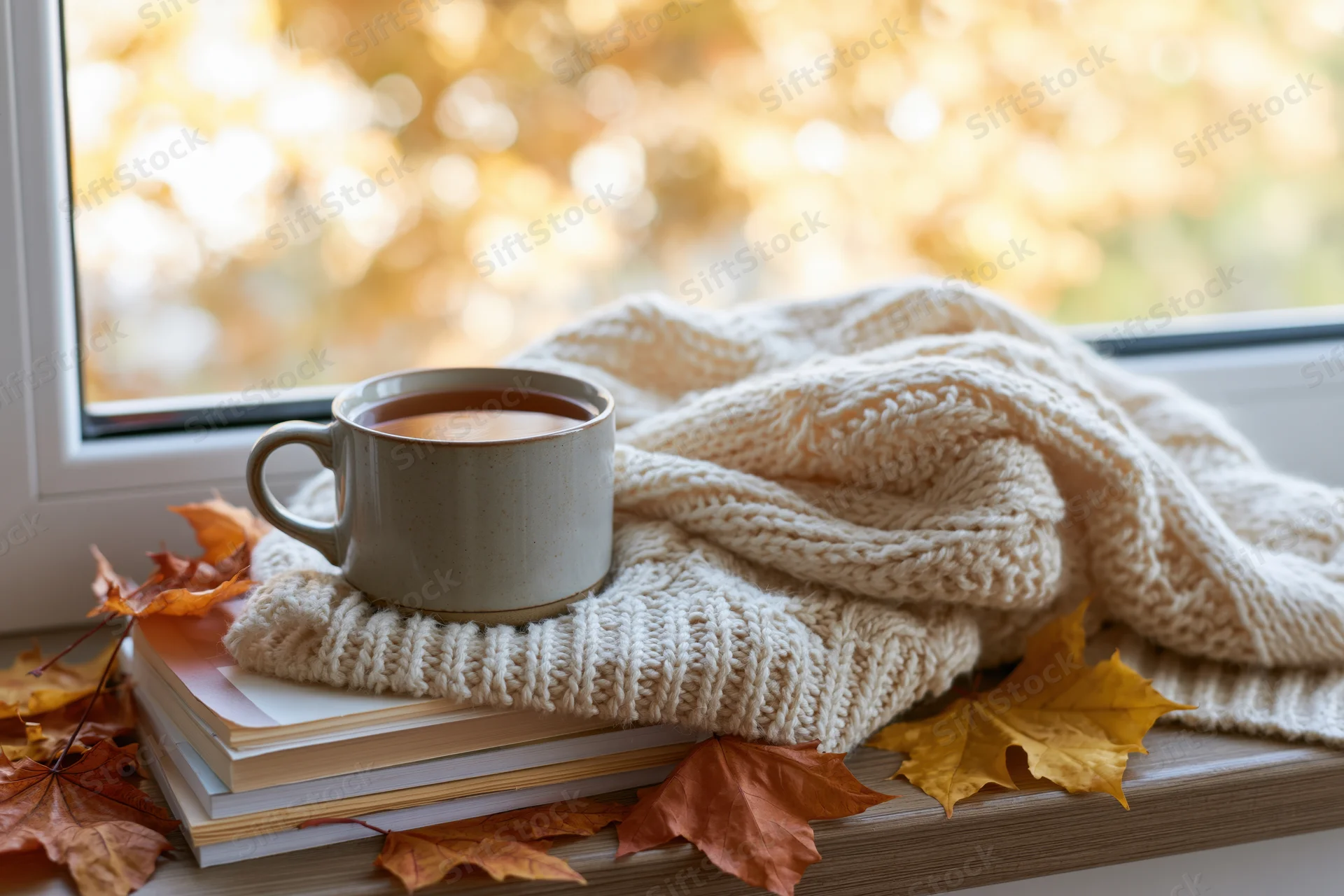 Ceramic mug of tea on a cream knit sweater resting on books by a window with autumn leaves