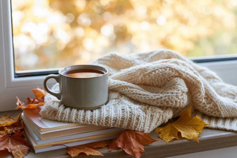 Ceramic mug of tea on a cream knit sweater resting on books by a window with autumn leaves