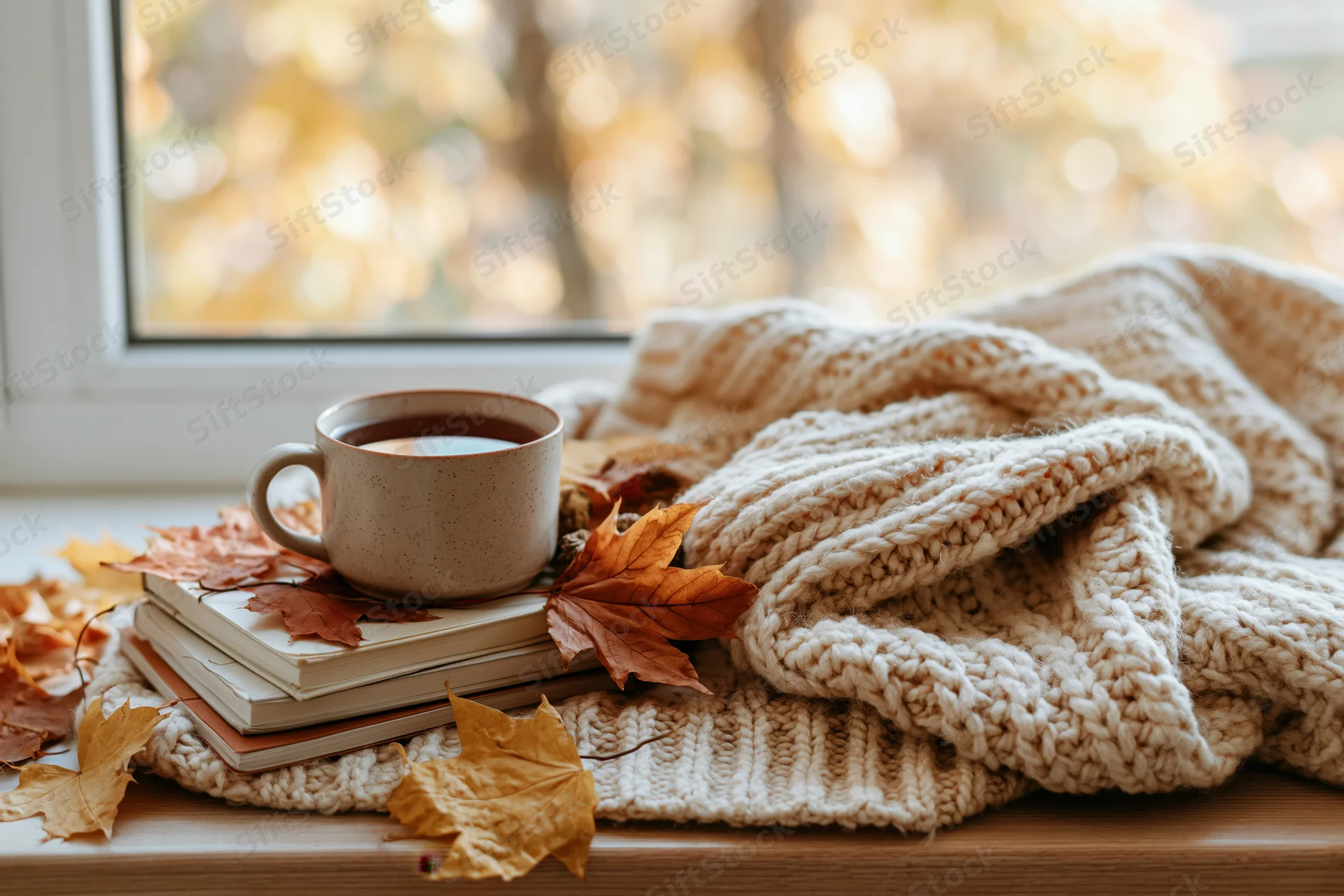 Ceramic mug of tea on a stack of books beside a chunky cream knit sweater on a windowsill with autumn leaves
