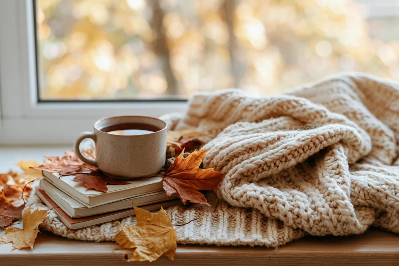 Ceramic mug of tea on a stack of books beside a chunky cream knit sweater on a windowsill with autumn leaves