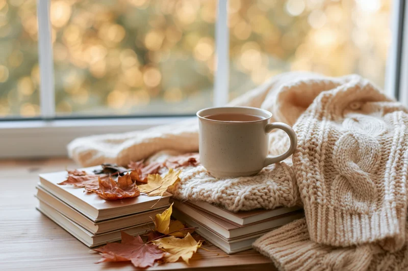 Ceramic mug of tea resting on a cream knit sweater beside stacked books and autumn leaves by a window