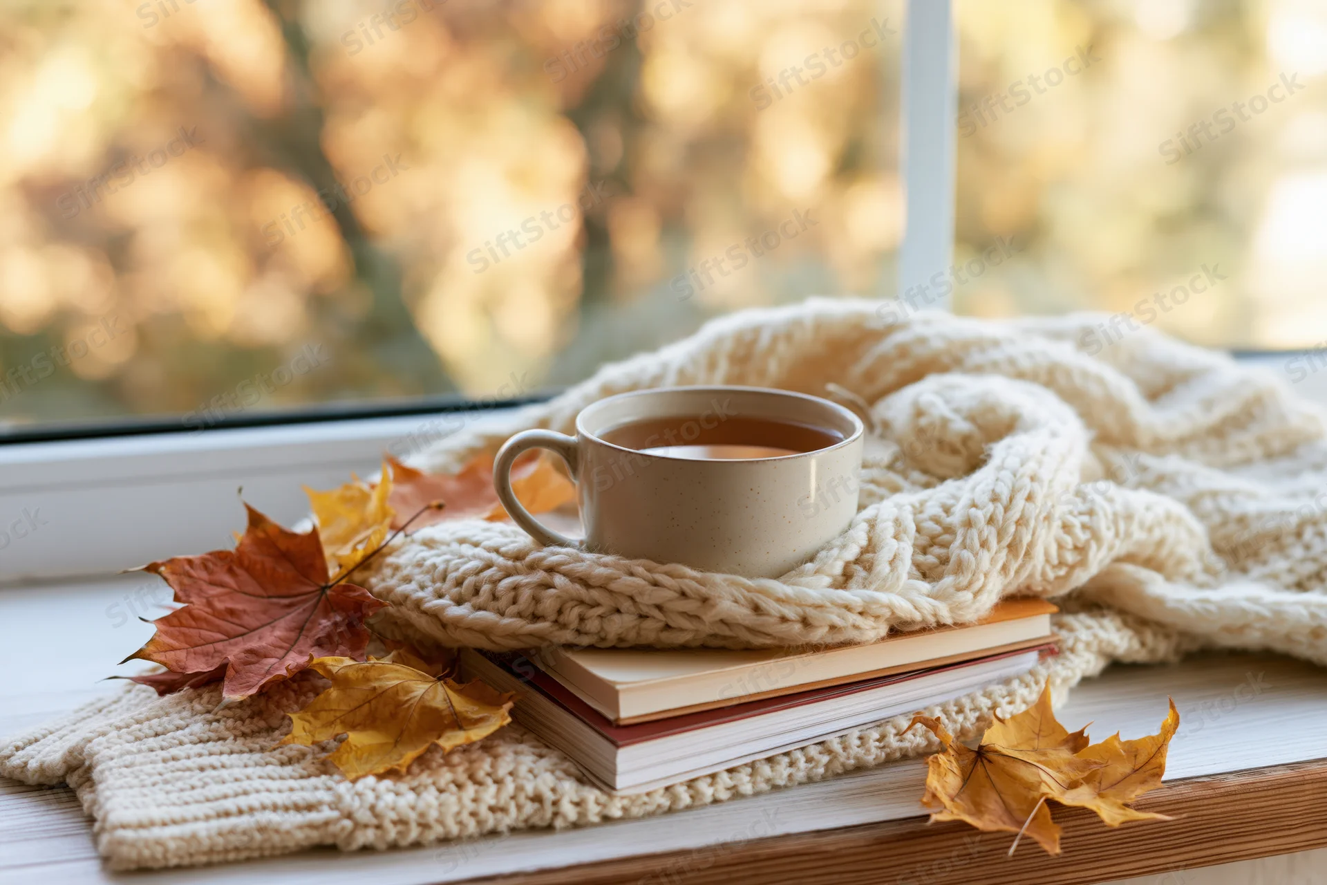 Ceramic mug of tea resting on a chunky cream knit sweater on a windowsill with autumn leaves and stacked books