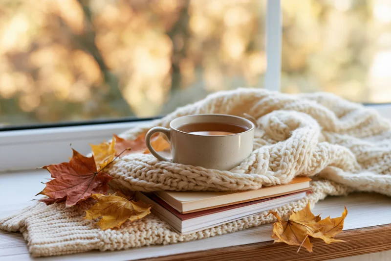 Ceramic mug of tea resting on a chunky cream knit sweater on a windowsill with autumn leaves and stacked books