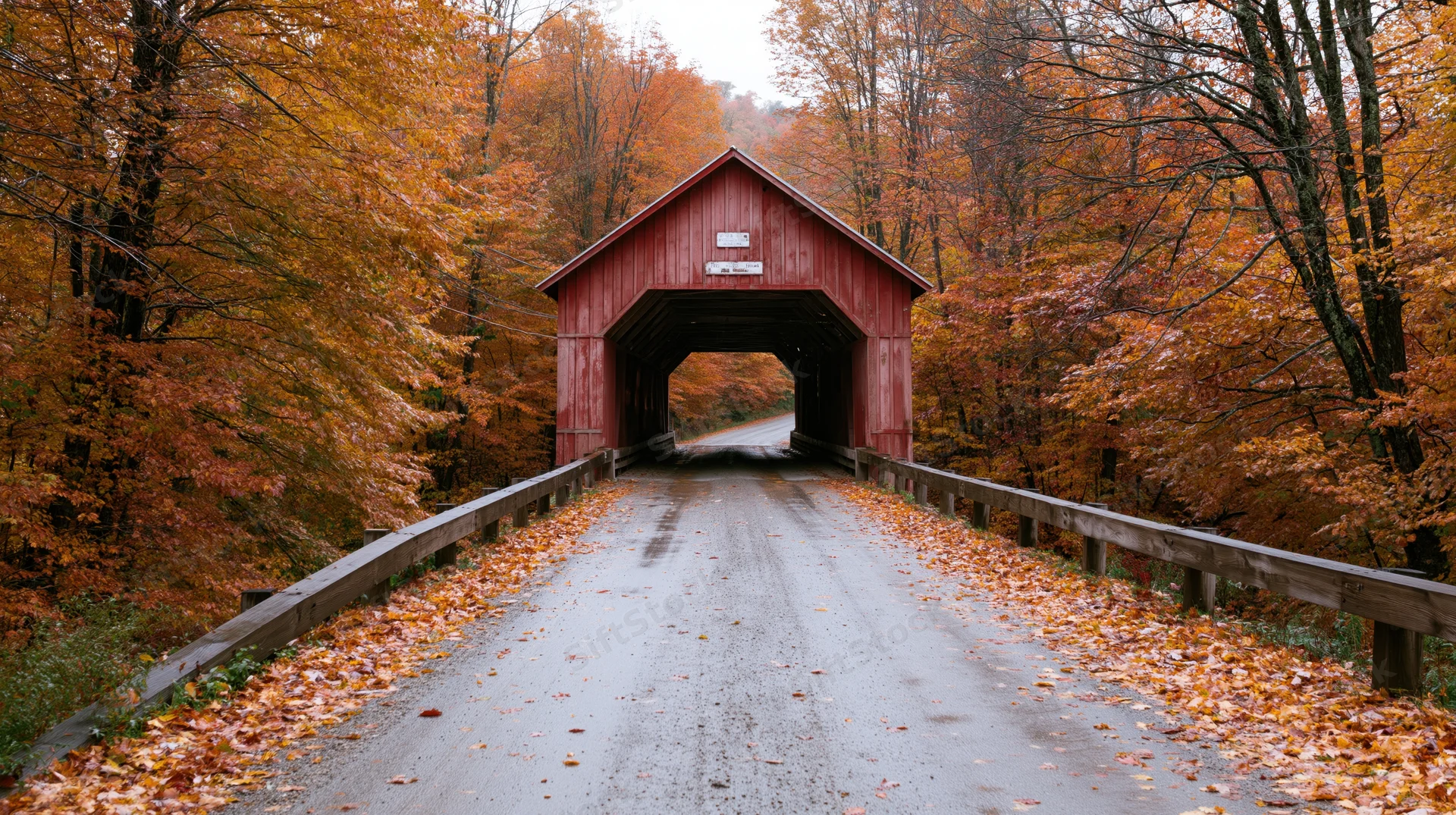 Red covered wooden bridge spanning a leaf-strewn road in autumn forest