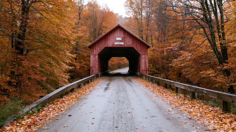 Red covered wooden bridge spanning a leaf-strewn road in autumn forest
