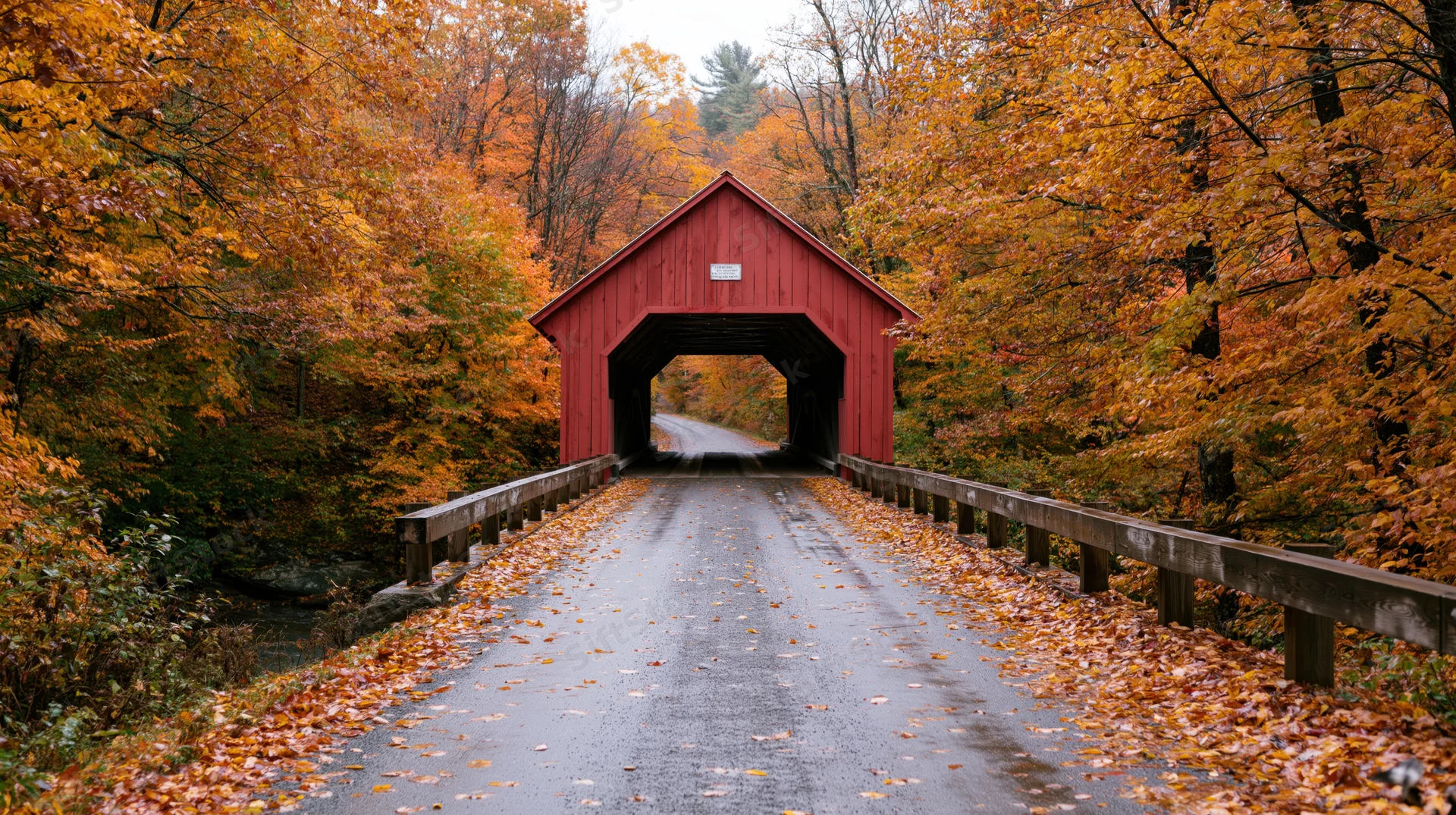 Red covered wooden bridge over a wet road lined with autumn foliage in a rural forest setting