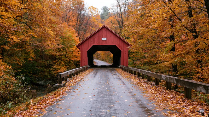 Red covered wooden bridge over a wet road lined with autumn foliage in a rural forest setting