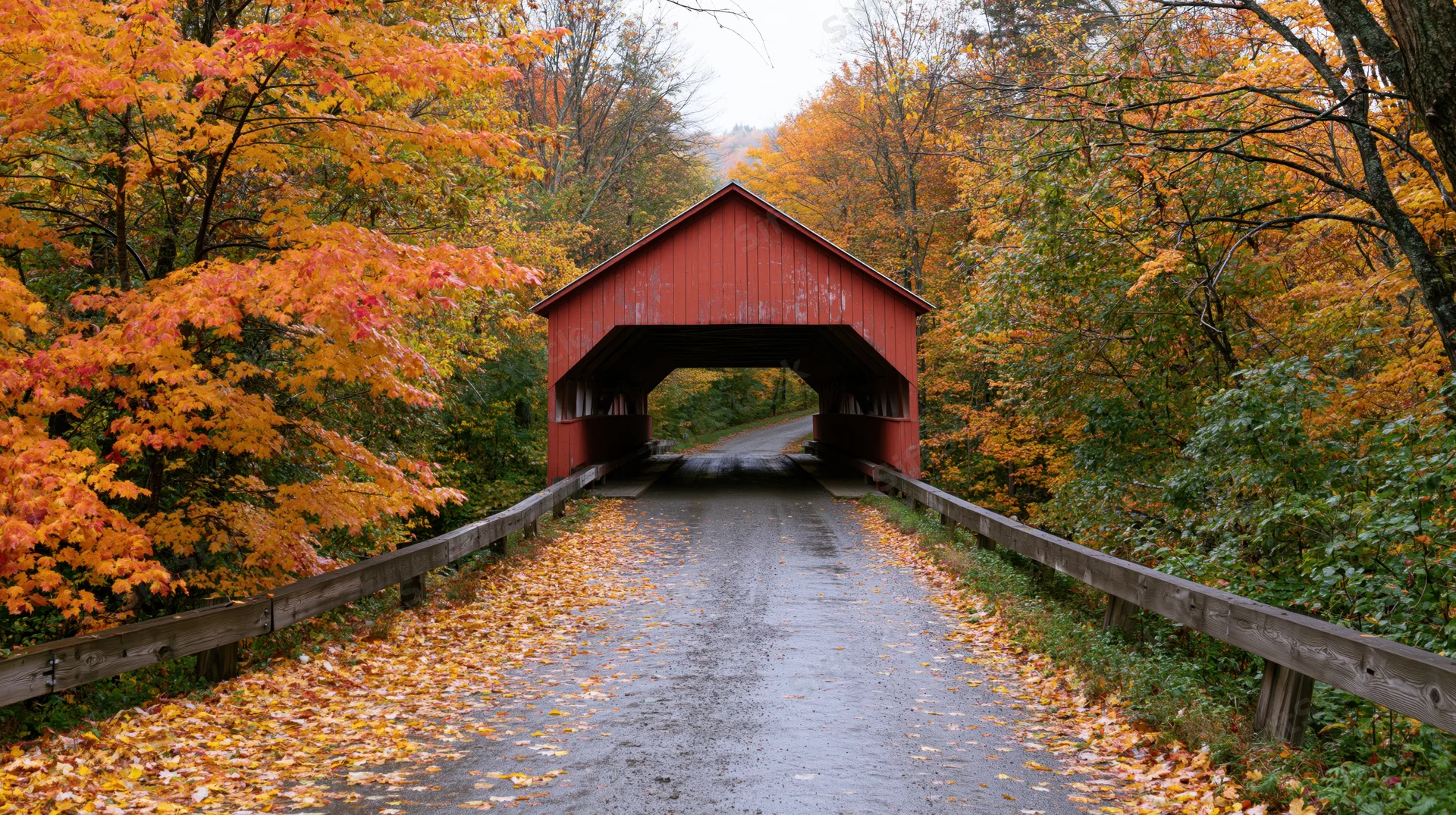 Red covered wooden bridge at end of narrow wet road lined with autumn trees and fallen leaves