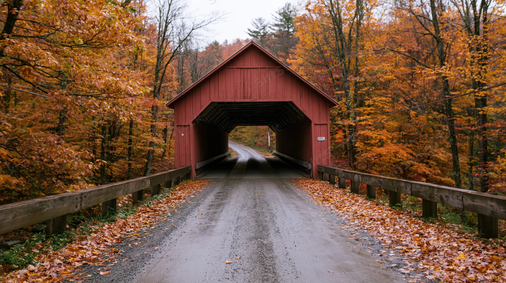 Red covered wooden bridge over a gravel road in autumn forest