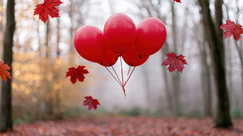 Red balloons floating among falling maple leaves in a misty autumn forest