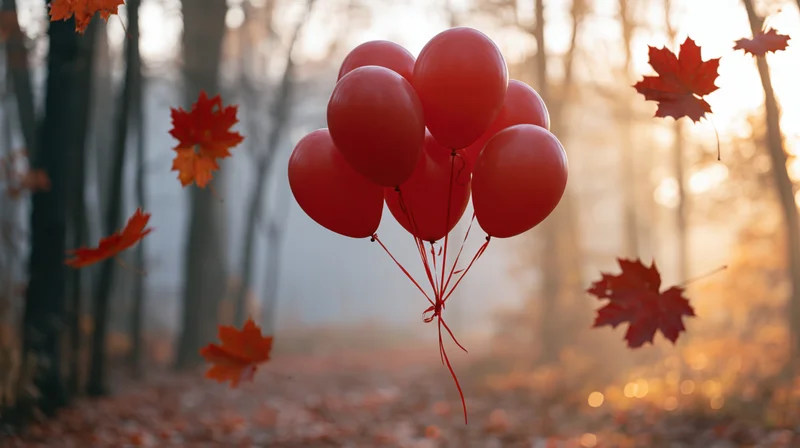 Red balloons floating in an autumn forest with falling maple leaves at sunset