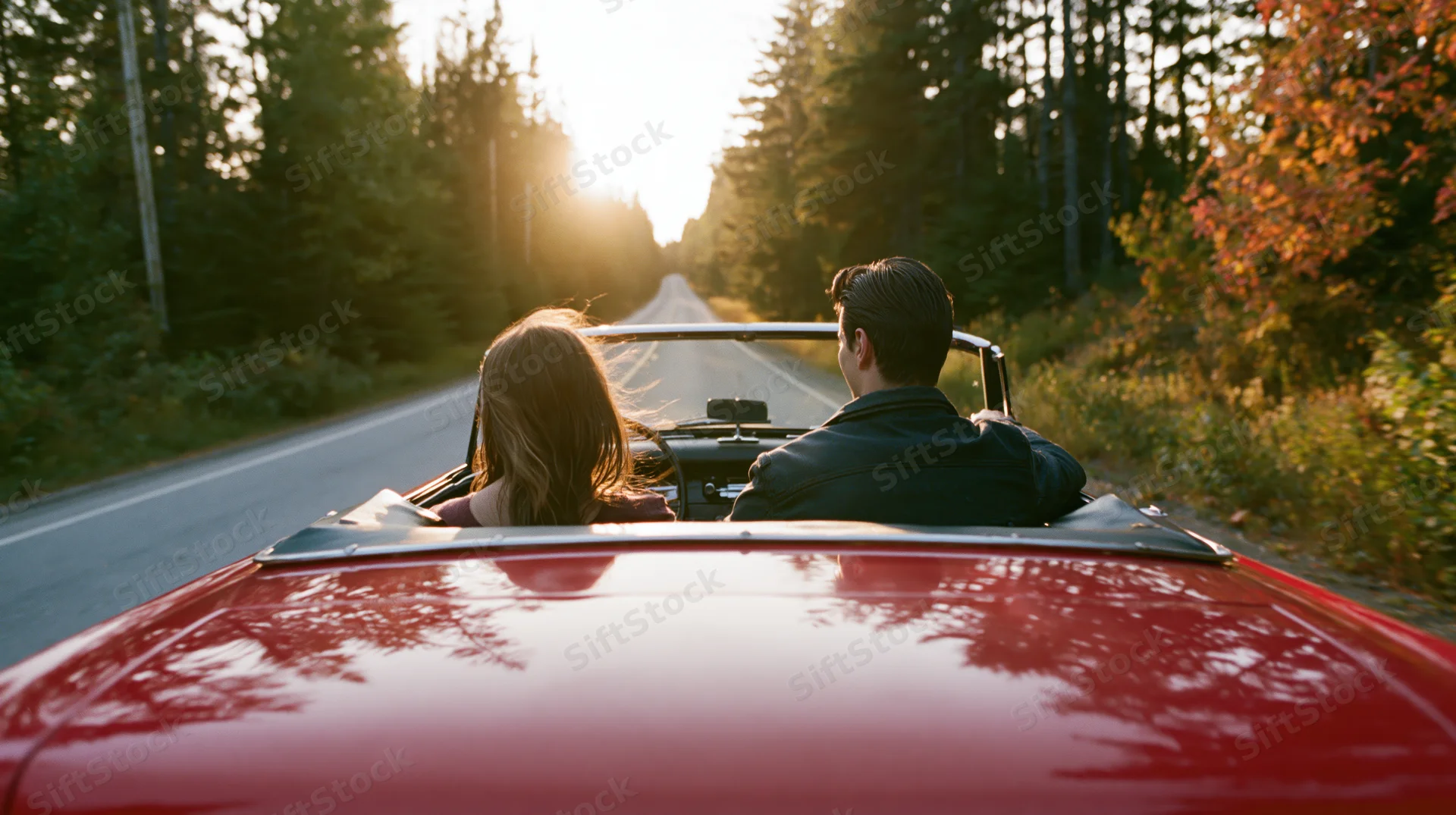 Couple driving in vintage red convertible along straight road through forest at sunset