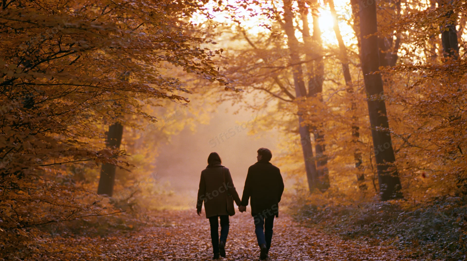 Couple walking hand in hand down a leaf-covered forest path in autumn, backlit by golden sunlight