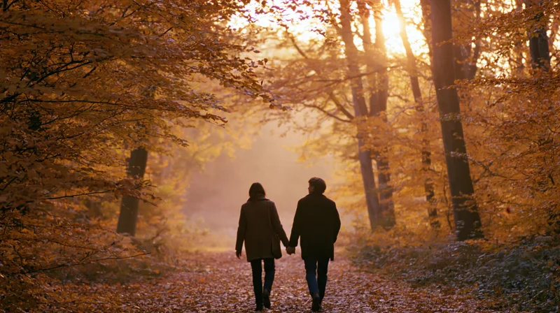 Couple walking hand in hand down a leaf-covered forest path in autumn, backlit by golden sunlight