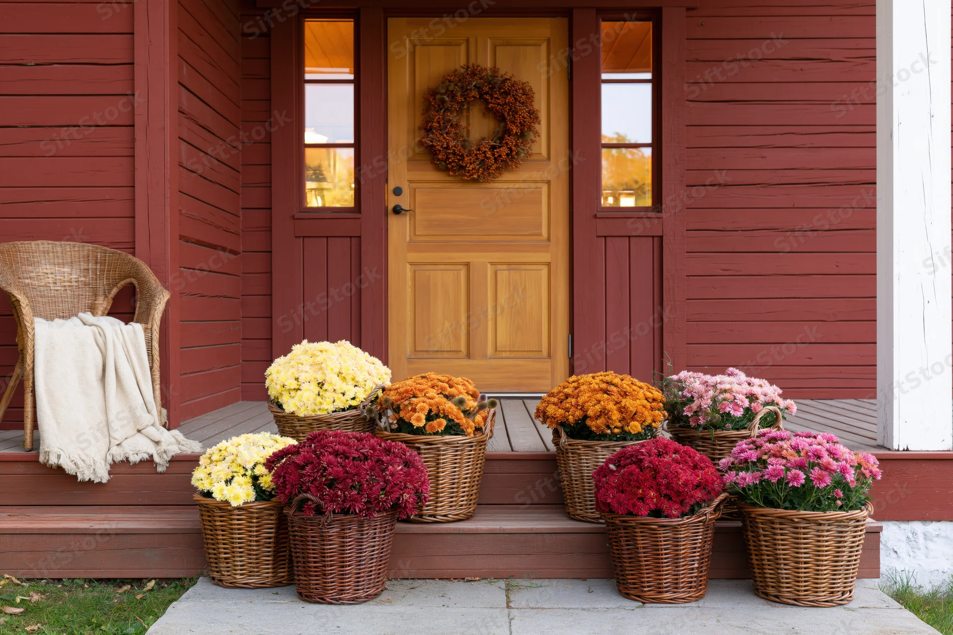 Colorful chrysanthemums in wicker baskets arranged on front porch steps beside wooden door with wreath