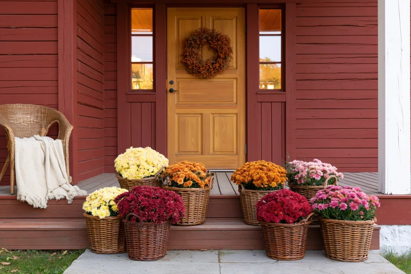 Colorful chrysanthemums in wicker baskets arranged on front porch steps beside wooden door with wreath
