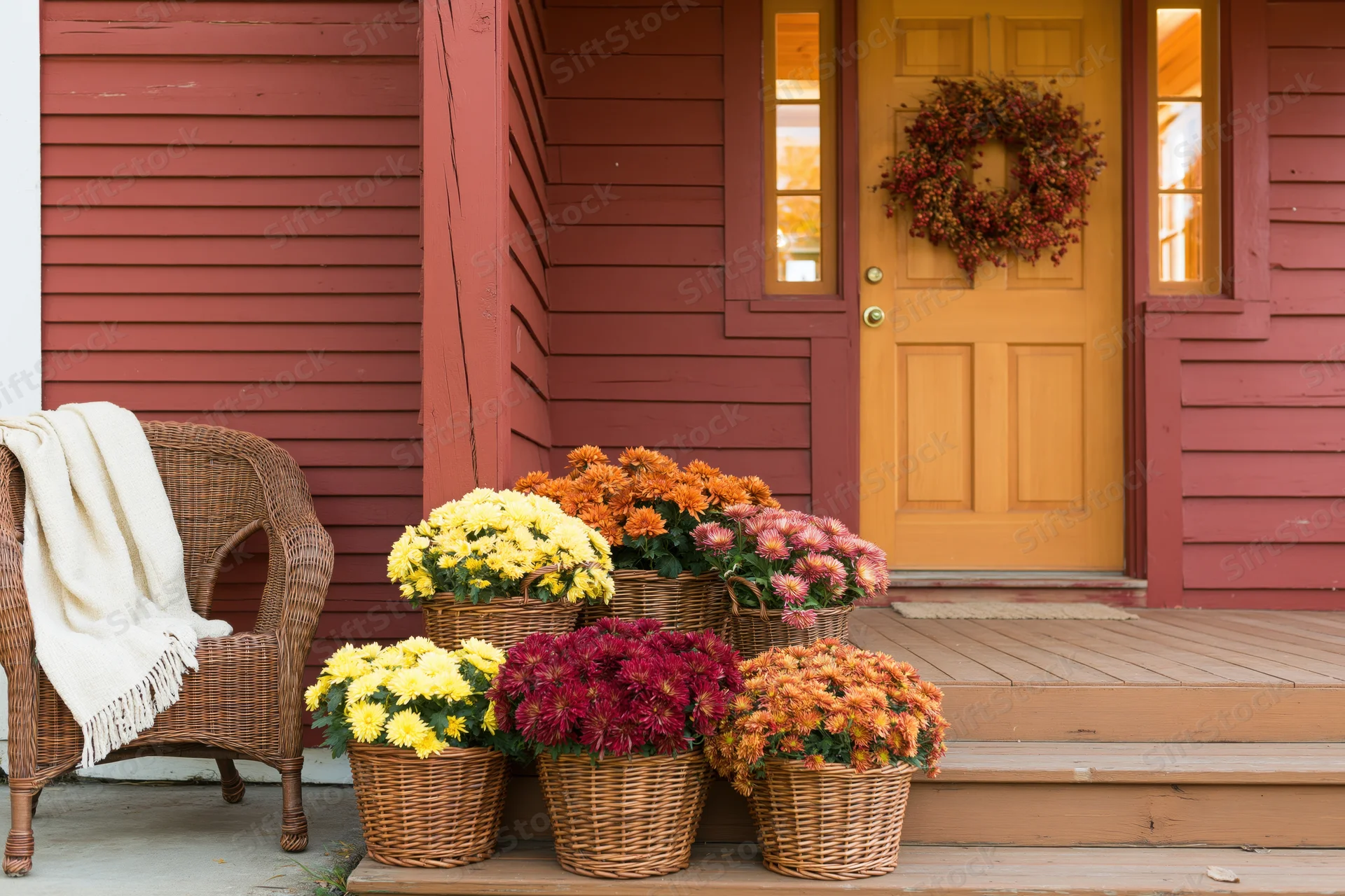 Autumn flowers in baskets on a red wooden house porch with a wreath on the door