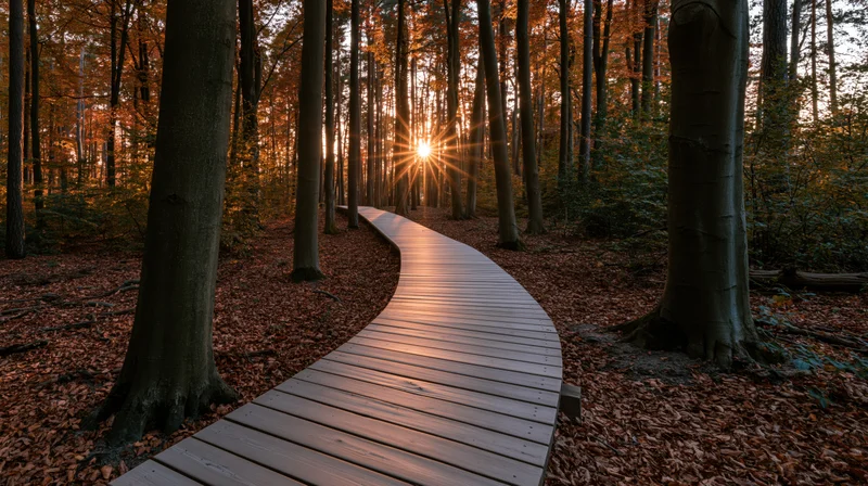 Curved wooden boardwalk winding through dense autumn forest at sunset