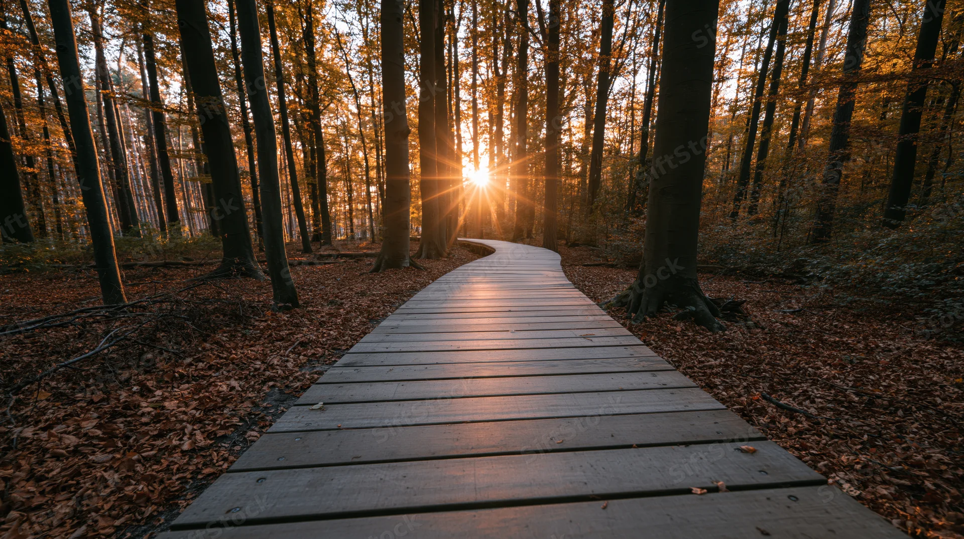 Curved wooden boardwalk winding through autumn forest at sunset