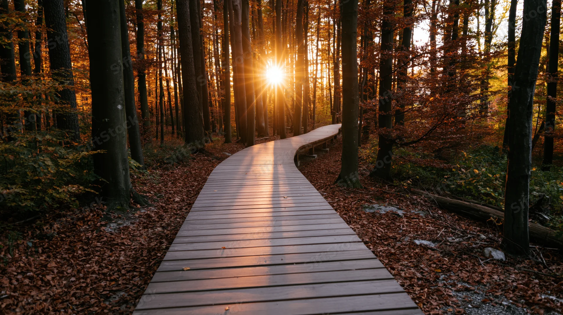 Curved wooden boardwalk winding through autumn forest at sunset