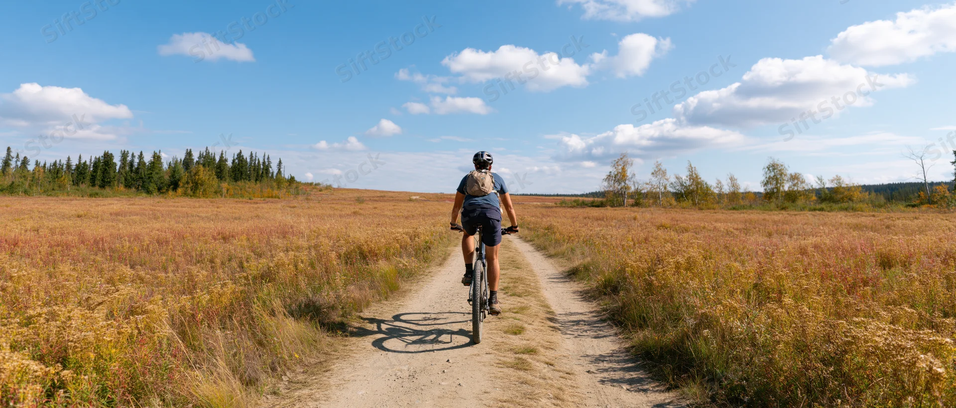 Cyclist riding away on dirt path through open field under blue sky with clouds