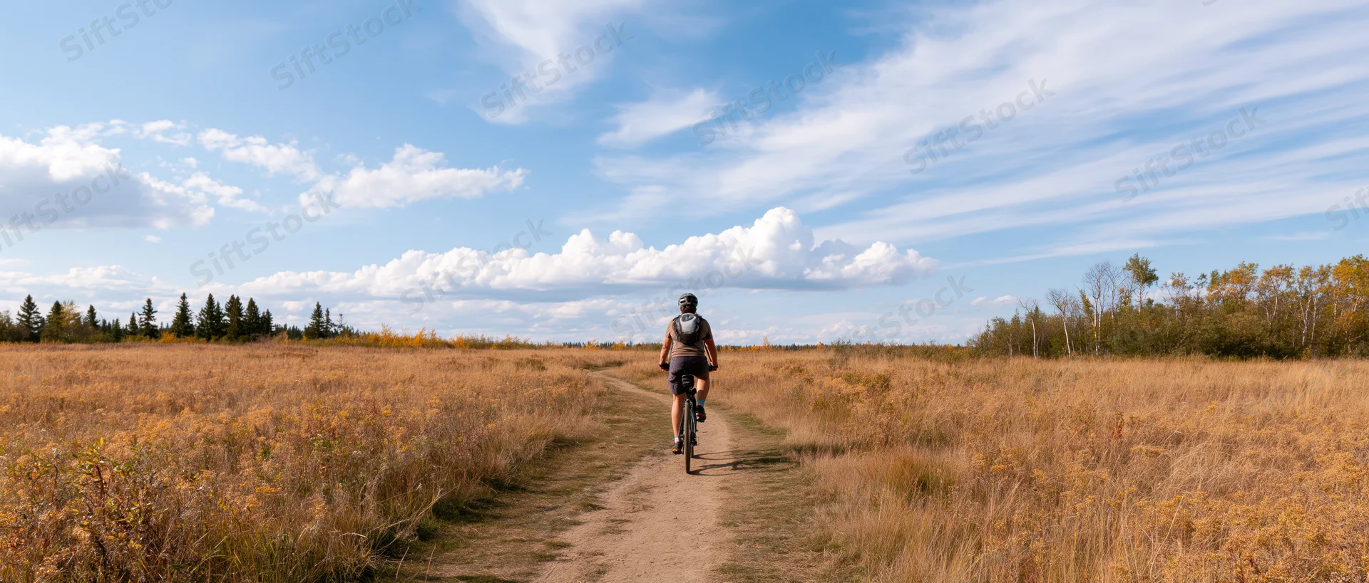Cyclist riding away on dirt path through open field in autumn countryside