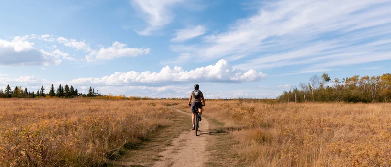 Cyclist riding away on dirt path through open field in autumn countryside