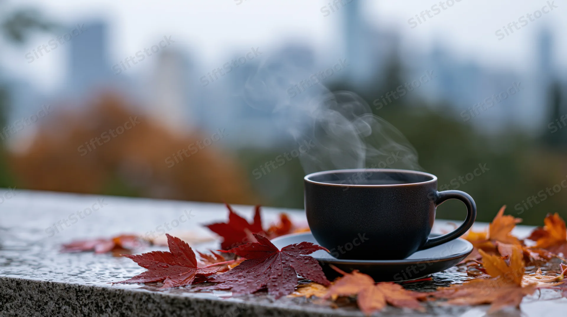 Steaming coffee cup on wet stone surface surrounded by autumn maple leaves outdoors
