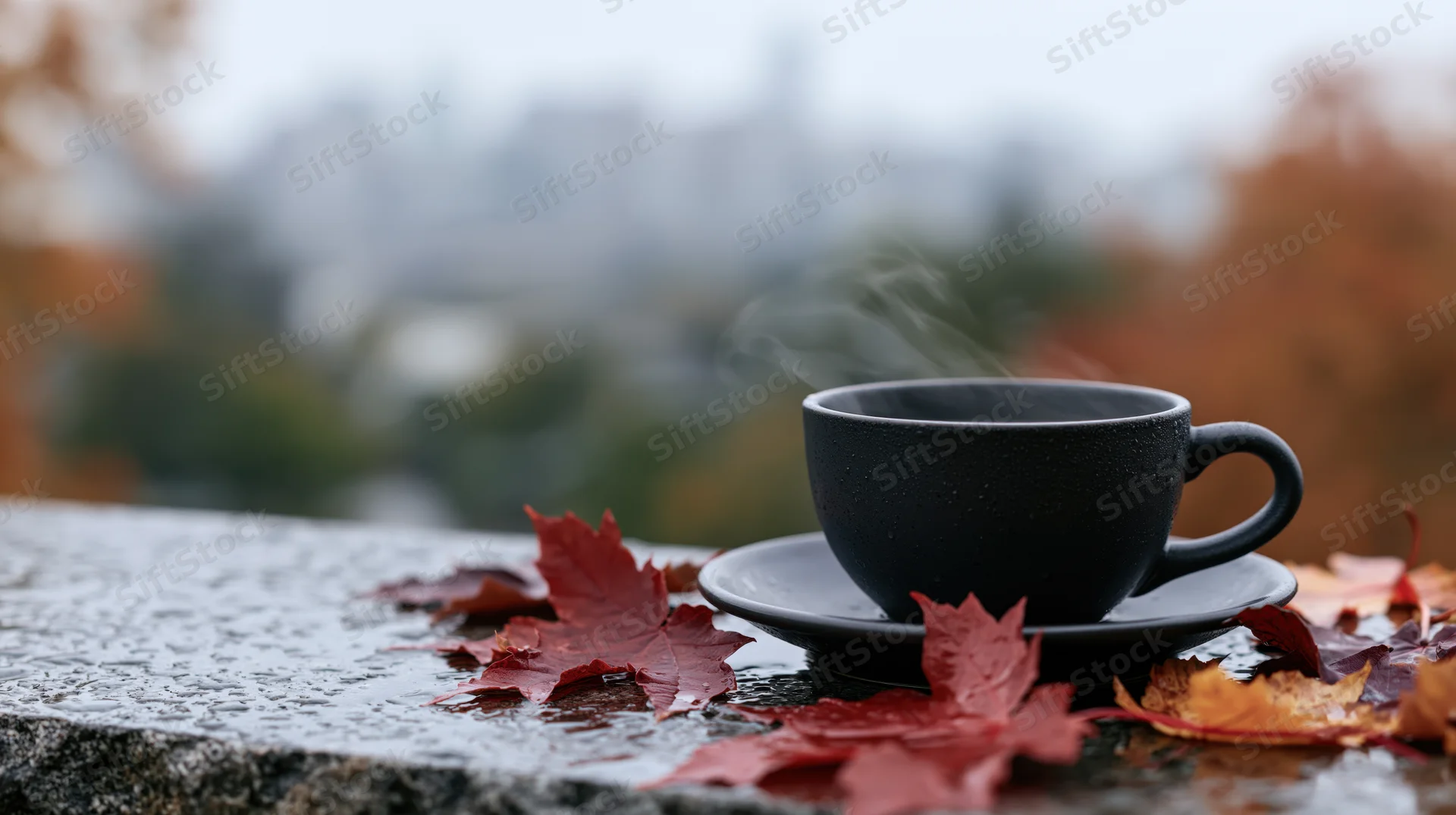 Steaming dark ceramic coffee cup on wet stone surface surrounded by red maple leaves outdoors in autumn