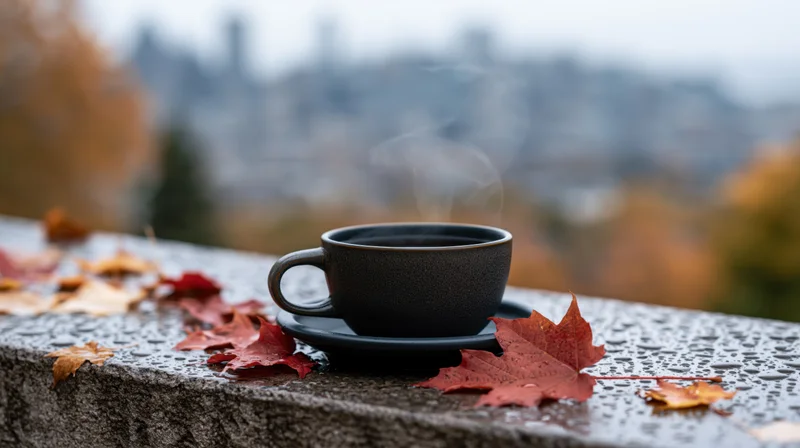 Steaming coffee cup on a wet stone ledge with autumn leaves and city view in background