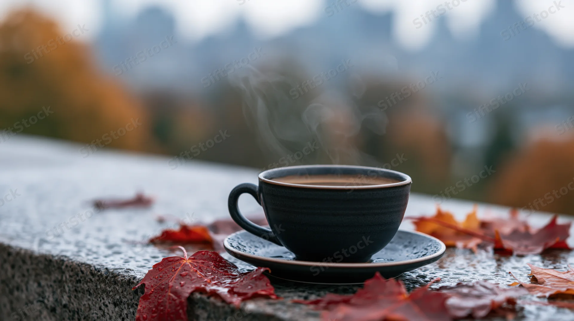 Steaming coffee cup on wet stone ledge with autumn leaves and blurred mountains in background